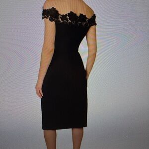 Aidan Mattox Black Off-Shoulder Sheath Midi Dress